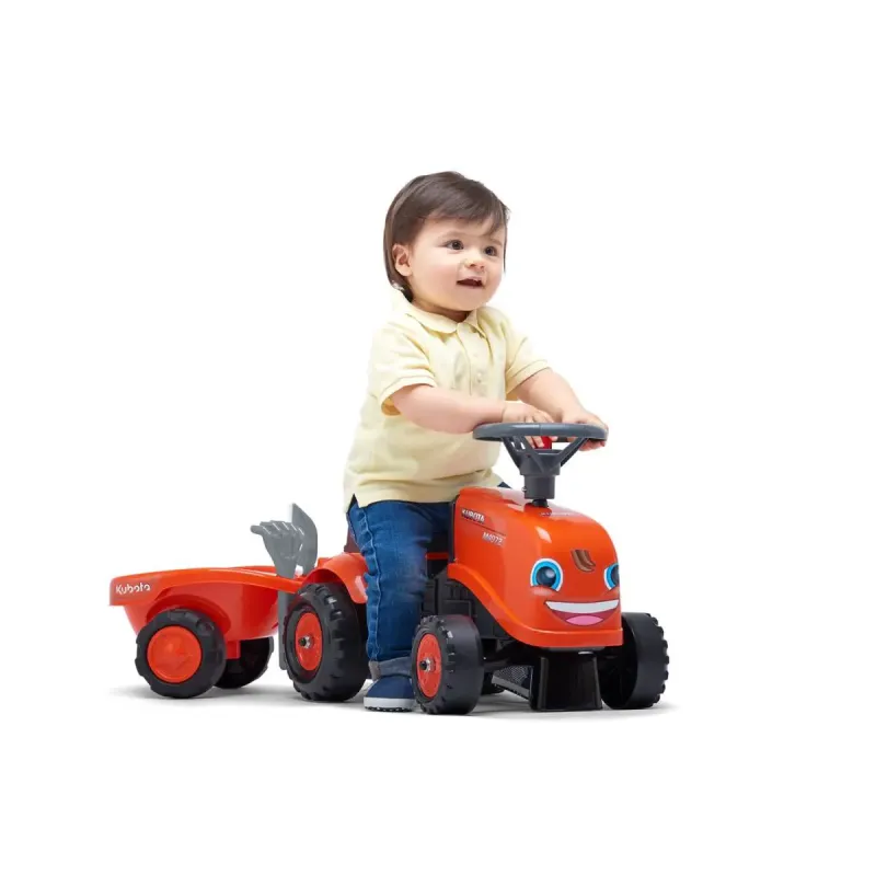 Falk Baby Kubota Ride-on Traktor Med Trailer Rive Og Skovl