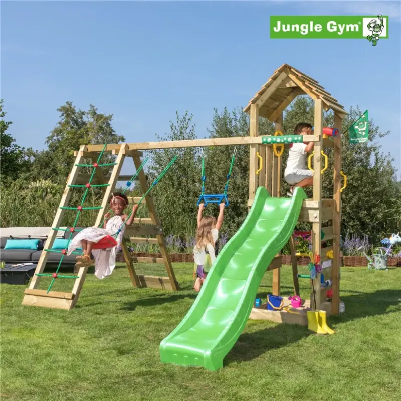 Jungle Gym Cocoon Legetårn Komplet Inkl  Klatremodul   Og Mørkegrøn Rutschebane 804-071c2g