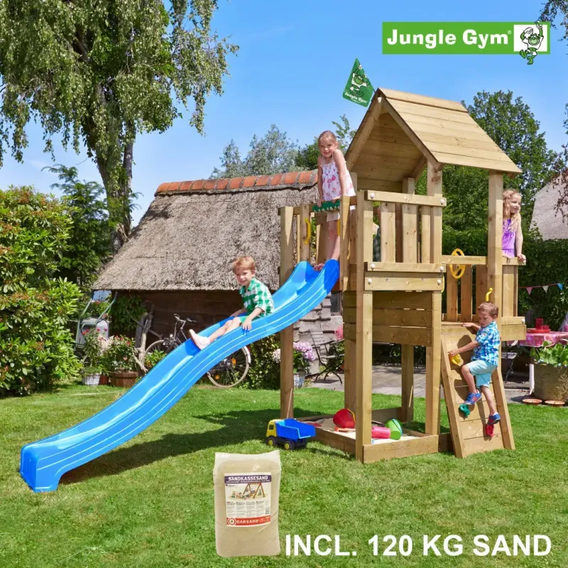 Jungle Gym Cubby Legetårn Komplet  Inkl  120 Kg Sand Og Blå Rutschebane 804-269sab