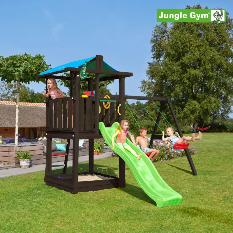 Jungle Gym Hut Legetårn Komplet Inkl  Swing Module Xtra Ekskl  Rutschebane  Grundmalet Sort 806-282sb