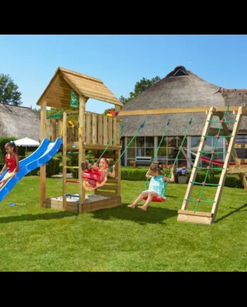 Legetårn Komplet Jungle Gym Cabin     Inkl  Climb Modul 120 Kg Sand Og Blå Rutsjebane
