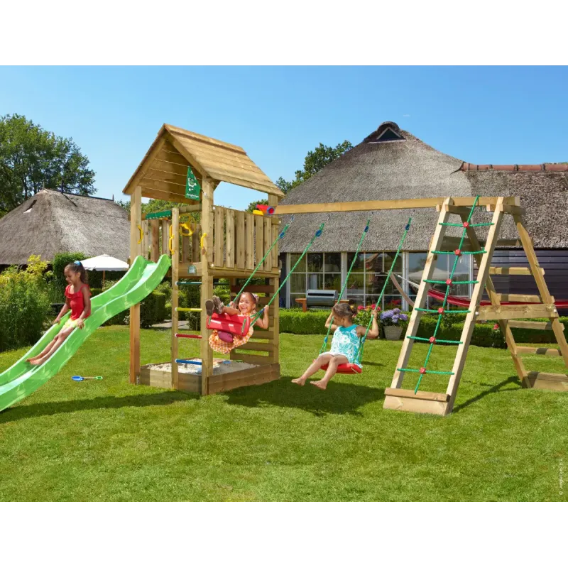 Legetårn Komplet Jungle Gym Cabin Inkl Climb Modul Og Grøn Rutsjebane