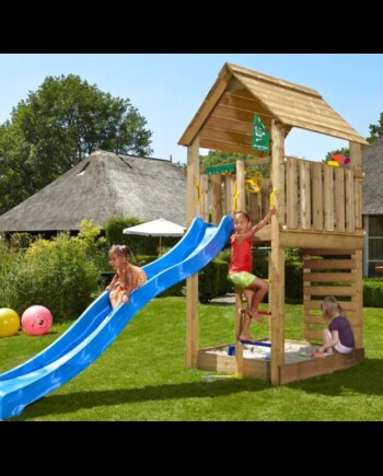 Legetårn Komplet Jungle Gym Cabin     Inkl  120 Kg Sand Og Blå Rutsjebane