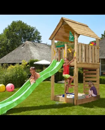 Legetårn Komplet Jungle Gym Cabin     Inkl  120 Kg Sand Og Grøn Rutsjebane