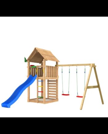 Legetårn Komplet Jungle Gym Cabin     Inkl  Swing Modul 120 Kg Sand Og Blå Rutsjebane