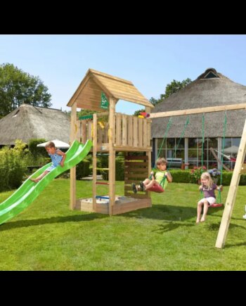 Legetårn Komplet Jungle Gym Cabin     Inkl  Swing Modul 120 Kg Sand Og Grøn Rutsjebane