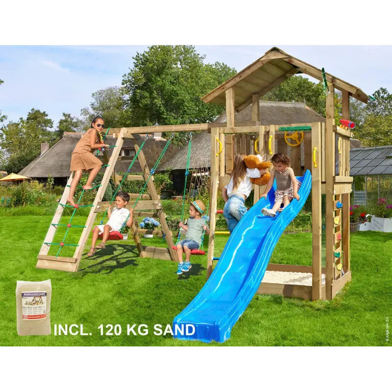 Legetårn Komplet Jungle Gym Chalet Inkl Climb Module Tra 120 Kg Sand Og Blå Rutschebane 804-432cxsb