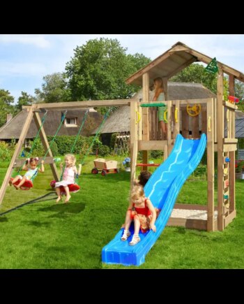 Legetårn Komplet Jungle Gym Chalet     Inkl  Swing Module   Tra  120 Kg Sand Og Blå Rutschebane 804-432sxsb
