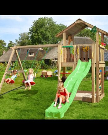 Legetårn Komplet Jungle Gym Chalet     Inkl  Swing Module   Tra  120 Kg Sand Og Grøn Rutschebane 804-432sxsg