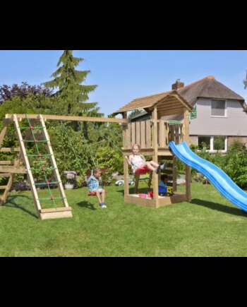 Legetårn Komplet Jungle Gym Cottage     Inkl  Climb Modul 120 Kg Sand Og Blå Rutschebane