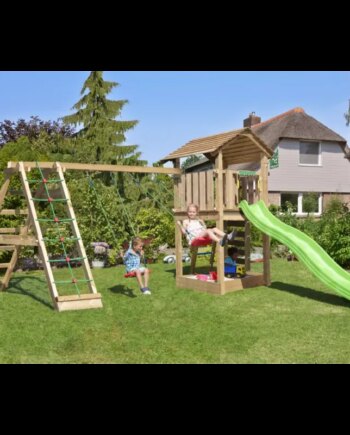 Legetårn Komplet Jungle Gym Cottage     Inkl  Climb Modul 120 Kg Sand Og Grøn Rutschebane