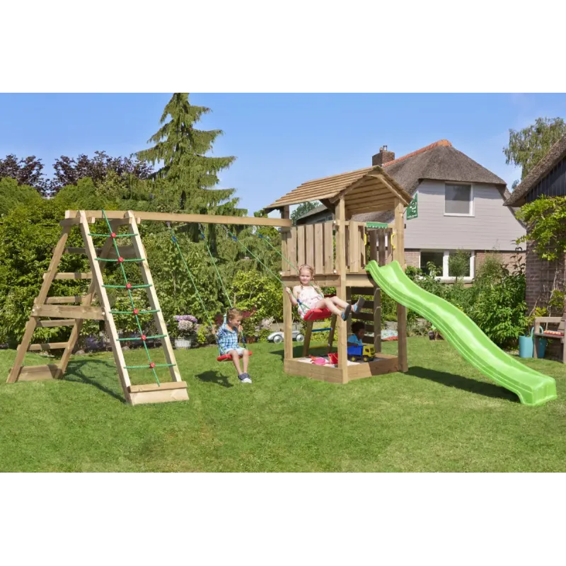 Legetårn Komplet Jungle Gym Cottage Inkl Climb Modul 120 Kg Sand Og Grøn Rutschebane