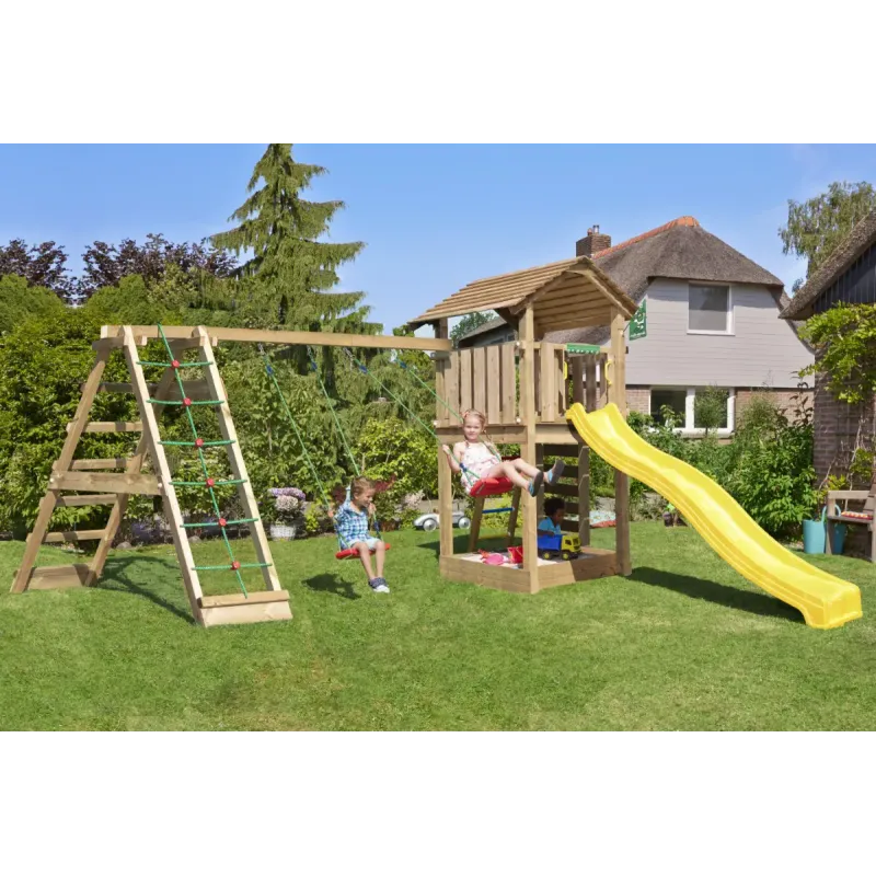 Legetårn Komplet Jungle Gym Cottage Inkl Climb Modul Og Gul Rutschebane