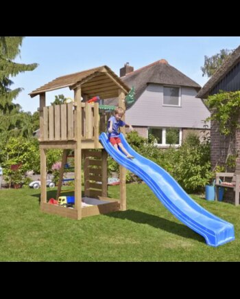 Legetårn Komplet Jungle Gym Cottage     Inkl  120 Kg Sand Og Blå Rutschebane