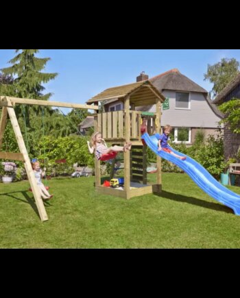Legetårn Komplet Jungle Gym Cottage     Inkl  Swing Modul 120 Kg Sand Og Blå Rutschebane
