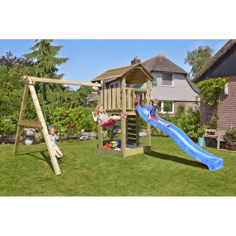 Legetårn Komplet Jungle Gym Cottage Inkl Swing Modul 120 Kg Sand Og Blå Rutschebane