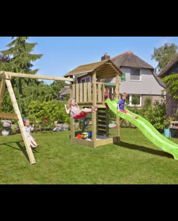 Legetårn Komplet Jungle Gym Cottage     Inkl  Swing Modul 120 Kg Sand Og Grøn Rutschebane