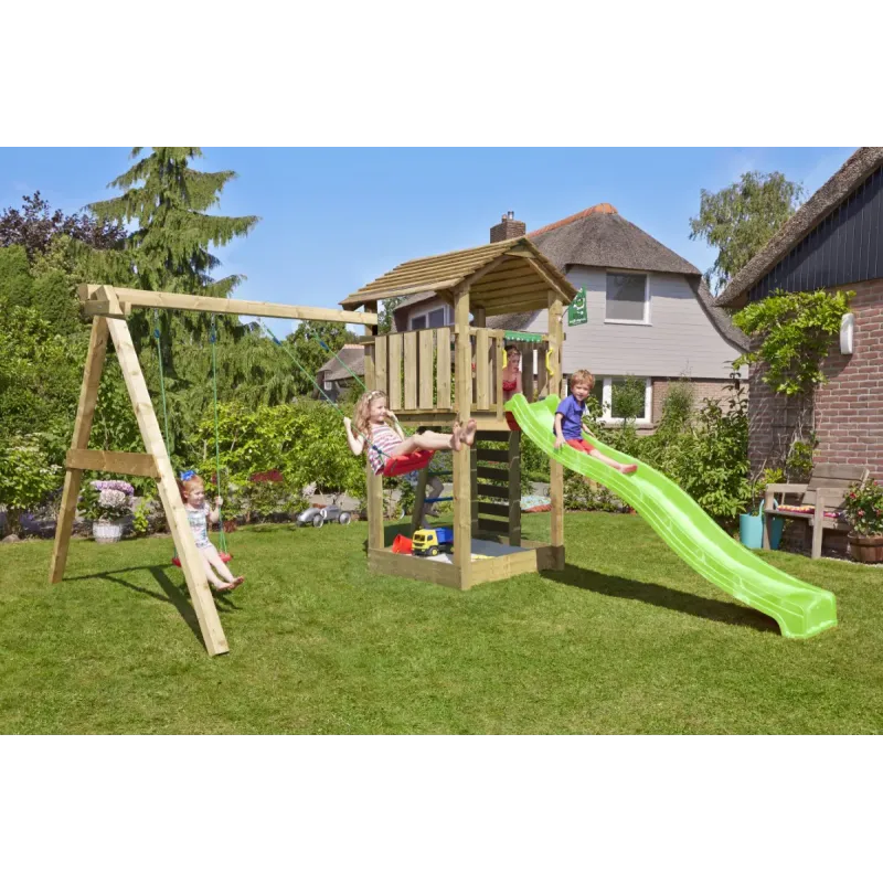 Legetårn Komplet Jungle Gym Cottage Inkl Swing Modul 120 Kg Sand Og Grøn Rutschebane