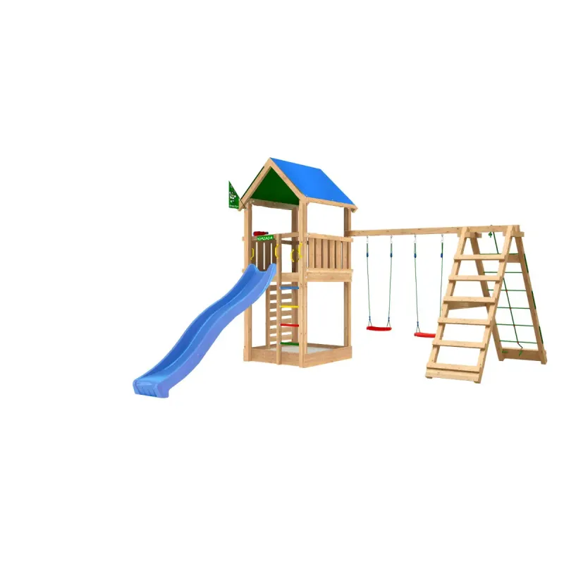 Legetårn Komplet Jungle Gym Lodge Inkl Climb Module Og Blå Rutschebane