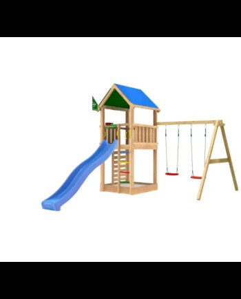 Legetårn Komplet Jungle Gym Lodge     Inkl  Swing Module Og Blå Rutschebane