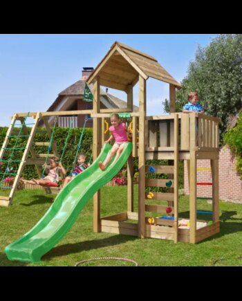 Legetårn Komplet Jungle Gym Mansion     Inkl  Climb Modul  120 Kg Sand Og Blå Rutsjebane
