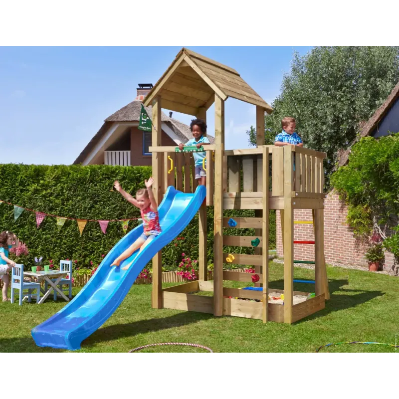 Legetårn Komplet Jungle Gym Mansion Inkl 120 Kg Sand Og Blå Rutsjebane