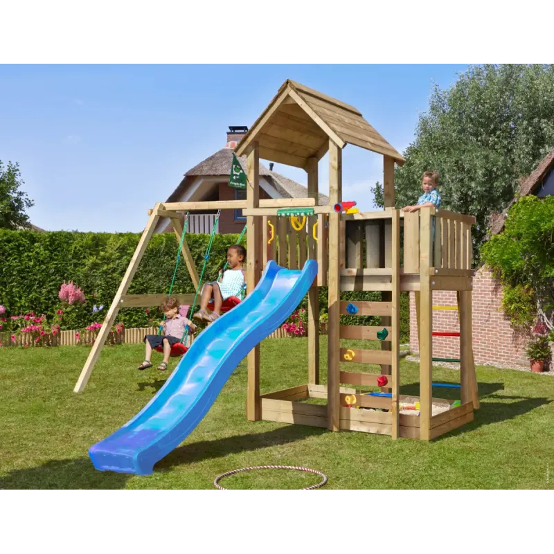 Legetårn Komplet Jungle Gym Mansion Inkl Swing Modul 120 Kg Sand Og Blå Rutsjebane