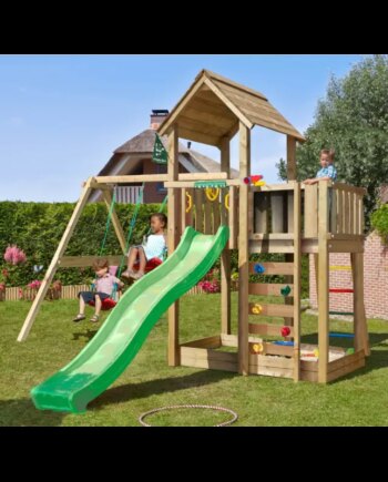 Legetårn Komplet Jungle Gym Mansion     Inkl  Swing Modul  120 Kg Sand Og Grøn Rutsjebane