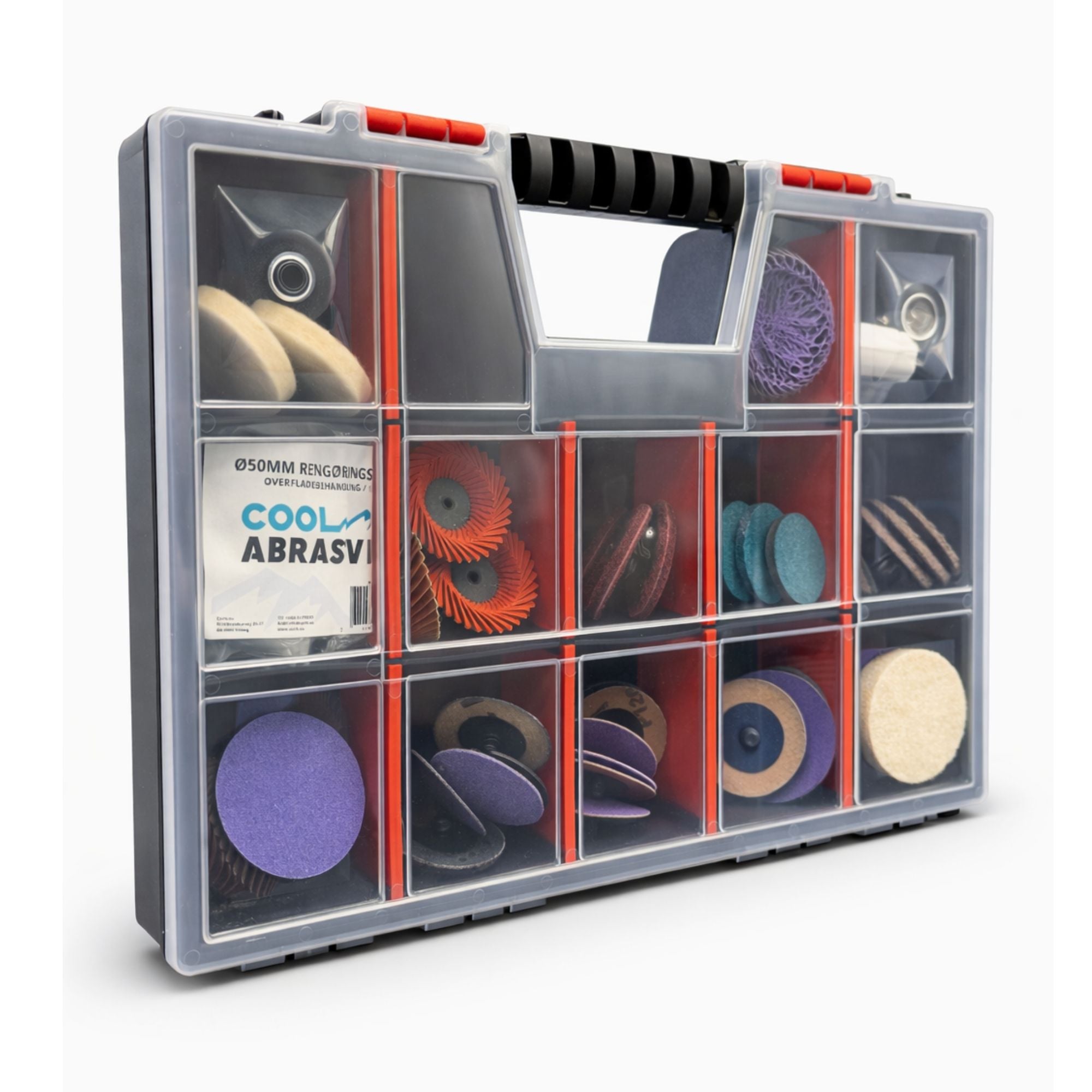 50mm Cool Abrasives Slibesæt Til Roloc Type System Smart Plastkasse Indeholdende 48 Stk