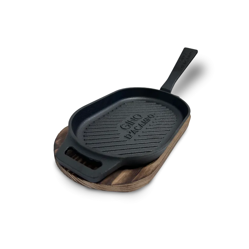 Gino   Acampo Støbejernsplade Griddle 28cm   14 8cm Med Træbakke