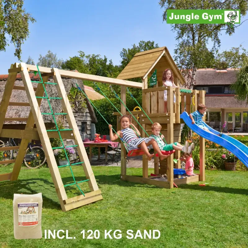 Jungle Gym Cubby Legetårn Komplet Inkl  Climb Module Xtra  120 Kg Sand Og Blå Rutschebane 804-269cxsb