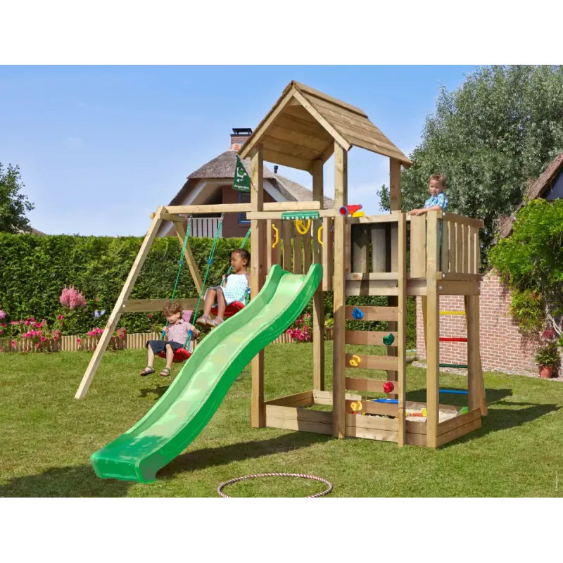 Legetårn Komplet Jungle Gym Mansion Inkl Swing Modul 120 Kg Sand Og Grøn Rutsjebane