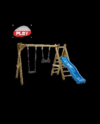 Nordic Play Gyngestativ 240 Cm Med Platform     Sort Gynge Og   Sort Trapez Inkl  Blå Rutsjebane 805-628