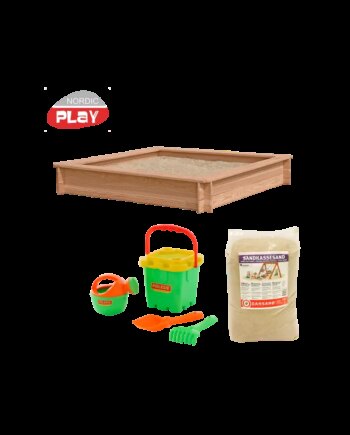 Nordic Play Sandkasse Lærk 150   150 Cm Inkl  240 Kg Sand Og Grønt Strandsæt 805-747