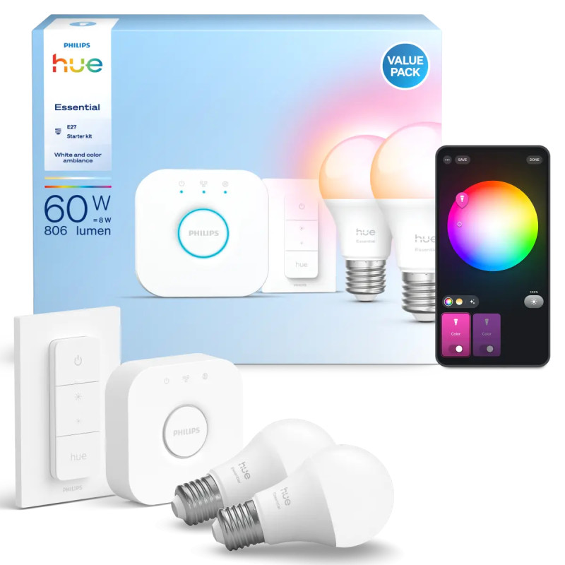 Philips Hue Essential White And Color Ambiance E27 Startsæt 806 Lm -pak Med Dimmer Switch