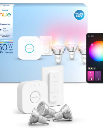 Philips Hue Essential White And Color Ambiance Gu10 Startsæt 345 Lm  -pak Med Bridge Og Dimmer Switch