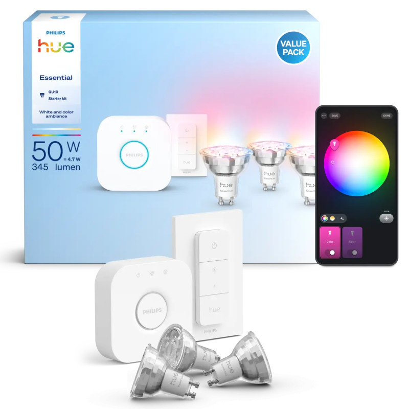Philips Hue Essential White And Color Ambiance Gu10 Startsæt 345 Lm -pak Med Bridge Og Dimmer Switch