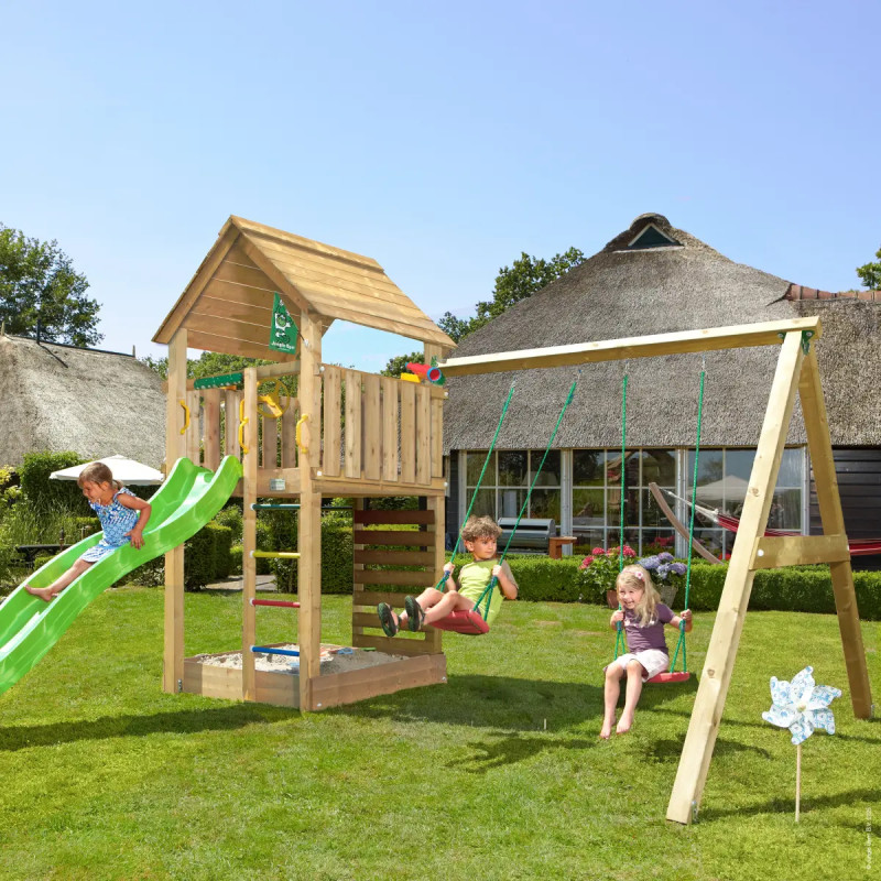 Jungle Gym Cabin     Legetårn 302   359   435 Cm Med  -swing Module 220 Og Grøn Rutsjebane