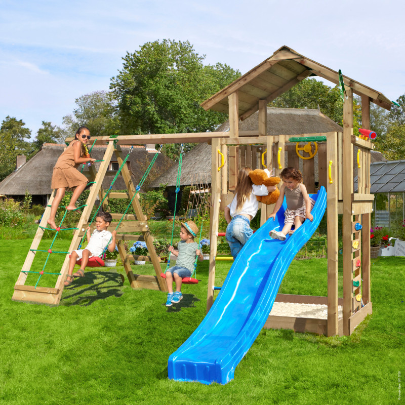 Jungle Gym Chalet     Legetårn Med  -climb Module 220 Og Blå Rutsjebane