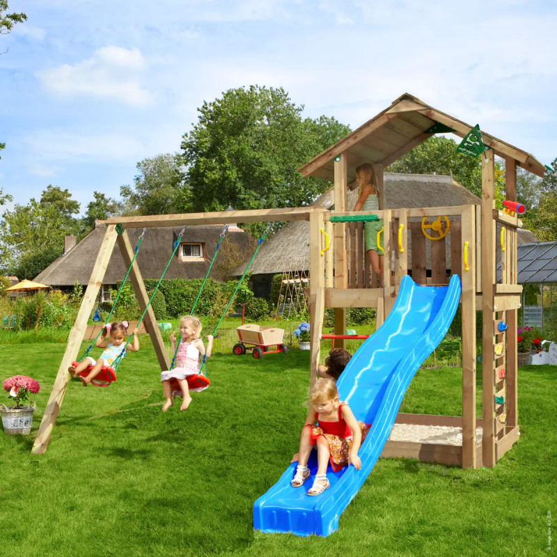 Jungle Gym Chalet     Legetårn 315   403   428 Cm Med  -swing Module 220  Blå Rutsjebane Og 120 Kg Sand
