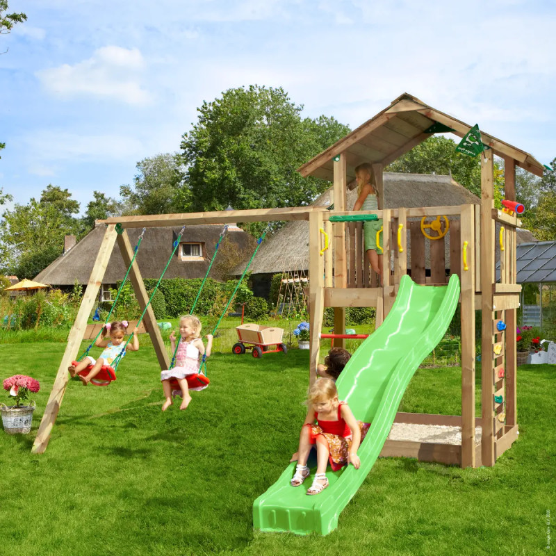 Jungle Gym Chalet     Legetårn 315   403   428 Cm Med  -swing Module 220 Og Grøn Rutsjebane