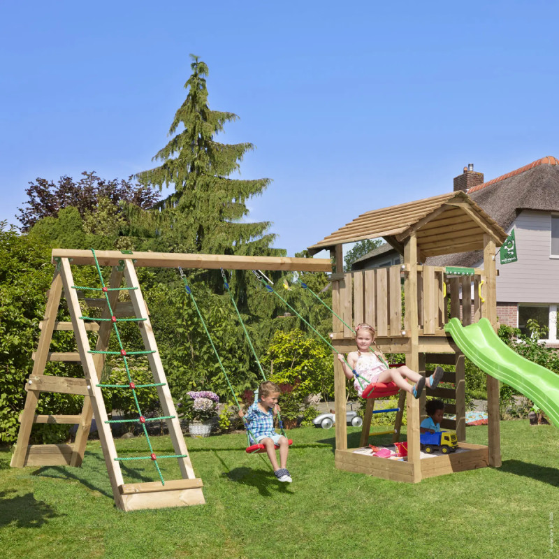 Jungle Gym Cottage     Legetårn Med  -climb Module 220  Grøn Rutsjebane Og 120 Kg Sand