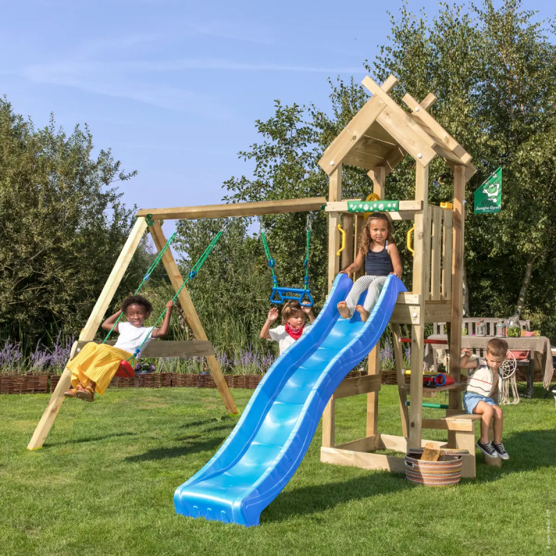 Jungle Gym Totem Legetårn 275   354   318 Cm Med  -swing Module 200 Og Blå Rutsjebane