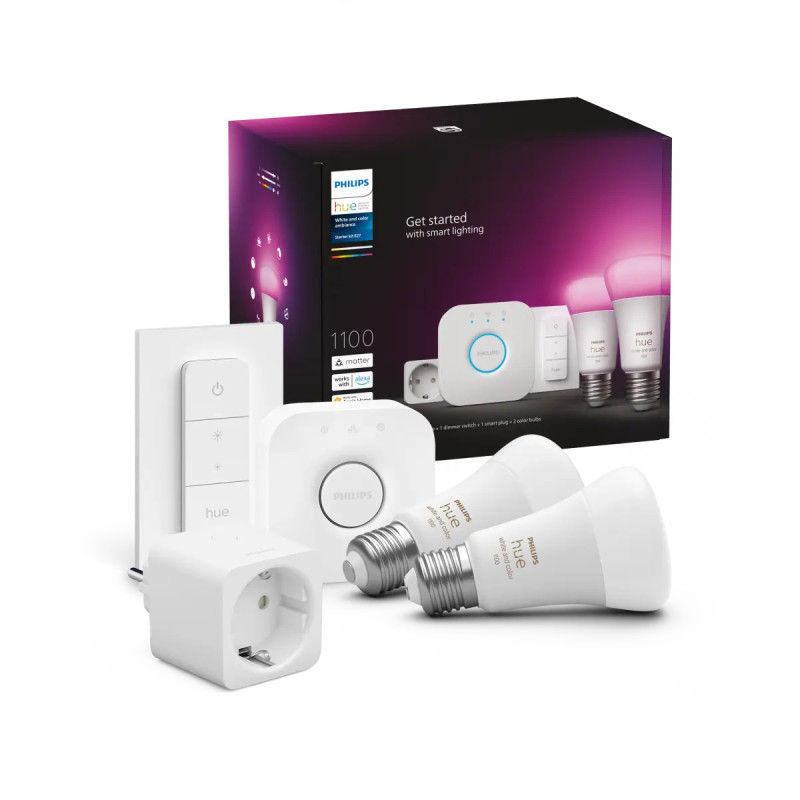 Philips Hue White And Color Ambiance E27 Startsæt 1100 Lm Med   Pærer  Bridge  Smart Plug Og Dimmer Switch